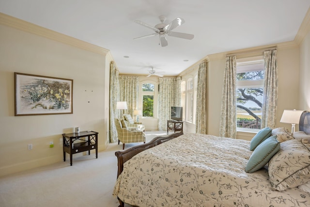 bedroom with light colored carpet, ceiling fan, and ornamental molding