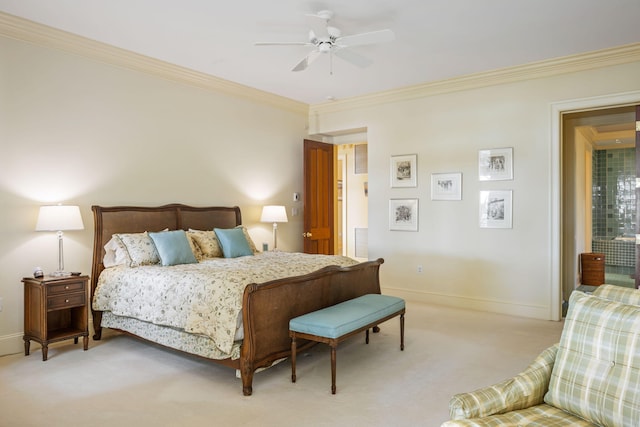 carpeted bedroom with ceiling fan and crown molding