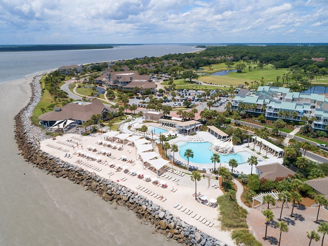 bird's eye view with a water view