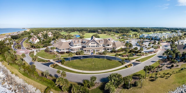 bird's eye view with a water view