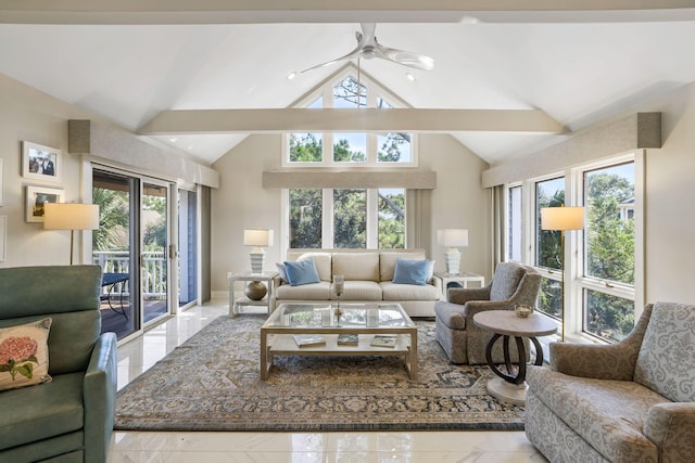 living room featuring beam ceiling, high vaulted ceiling, and plenty of natural light