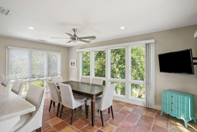 dining room with a healthy amount of sunlight and ceiling fan