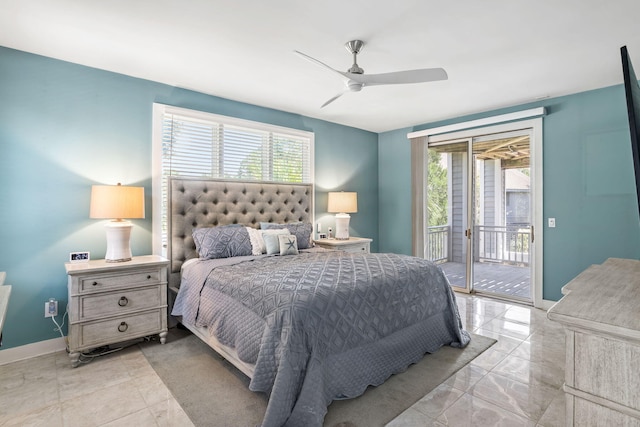 bedroom featuring ceiling fan, access to outside, and multiple windows