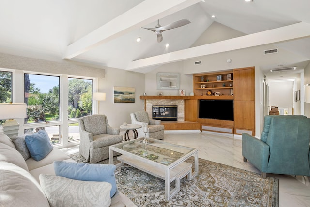 living room featuring vaulted ceiling with beams, a fireplace, and ceiling fan