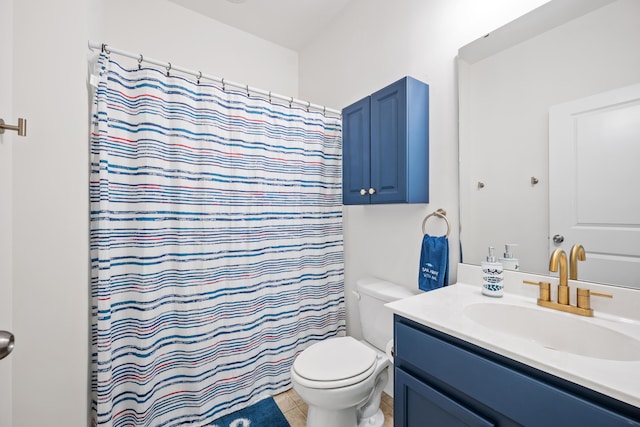 bathroom with tile patterned floors, vanity, toilet, and a shower with shower curtain