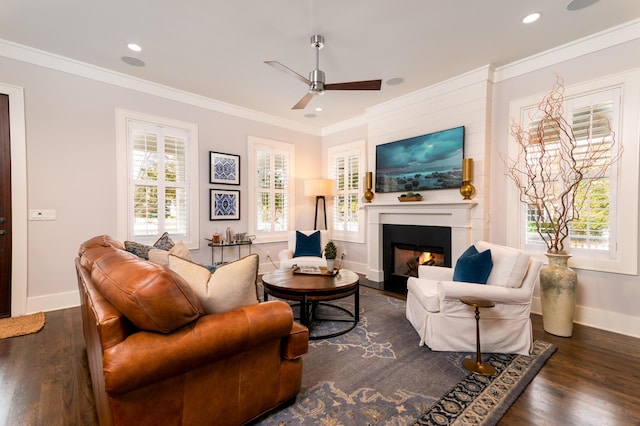 living area featuring a lit fireplace, ornamental molding, dark wood finished floors, and baseboards