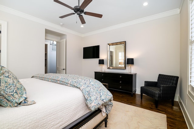 bedroom featuring ornamental molding, recessed lighting, dark wood-style flooring, and baseboards