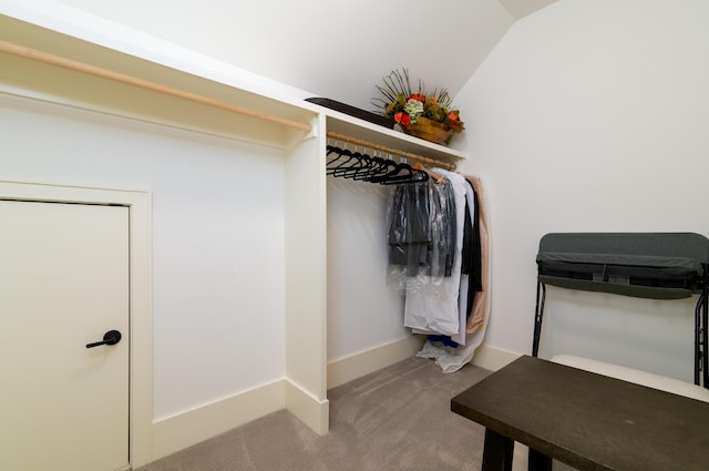 walk in closet with carpet floors and vaulted ceiling