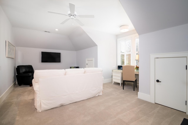 living room featuring recessed lighting, visible vents, light carpet, vaulted ceiling, and baseboards