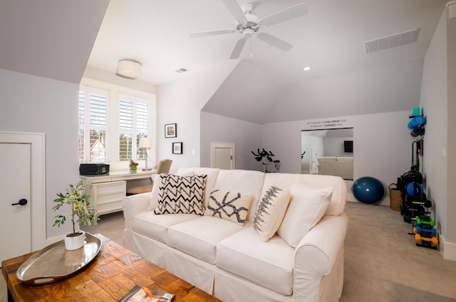 living area with visible vents, lofted ceiling, ceiling fan, carpet floors, and recessed lighting