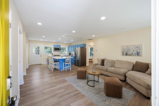 living room featuring light hardwood / wood-style flooring and sink