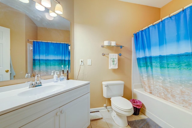 bathroom featuring vanity, toilet, baseboards, tile patterned flooring, and shower / bath combination with curtain