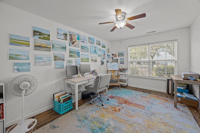 office area featuring baseboards, visible vents, and wood finished floors