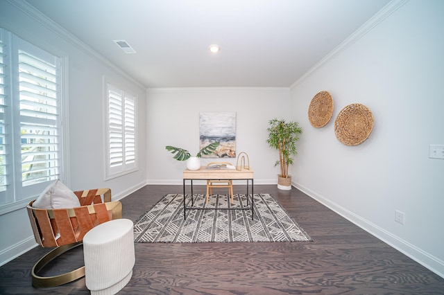 dining area with ornamental molding and dark hardwood / wood-style floors