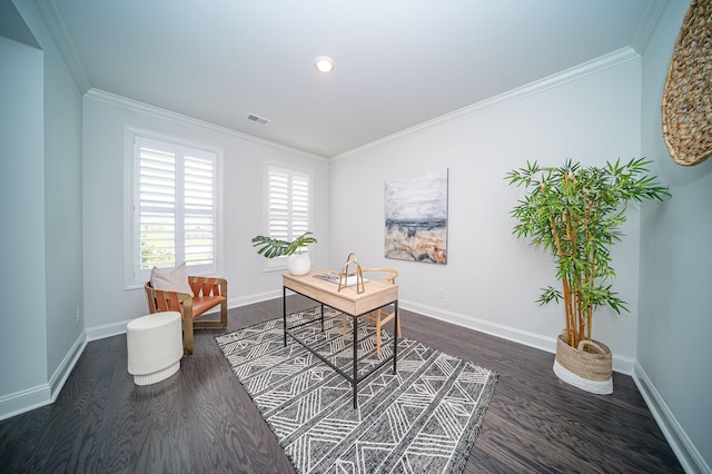 office with crown molding and dark hardwood / wood-style flooring