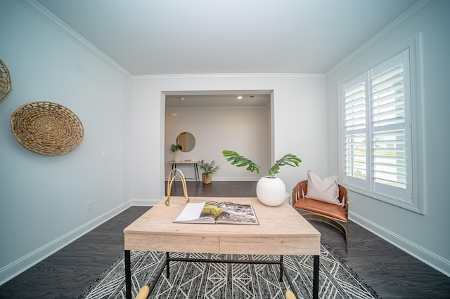 interior space with crown molding and dark hardwood / wood-style flooring