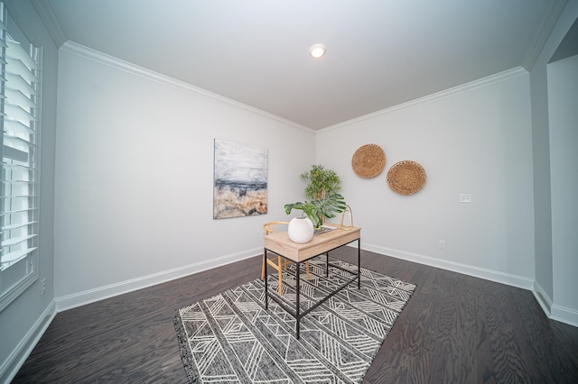 office area featuring dark hardwood / wood-style flooring and ornamental molding