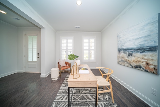 office space featuring crown molding and dark wood-type flooring