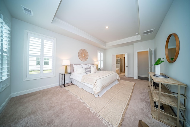 bedroom featuring light colored carpet, a tray ceiling, and multiple windows