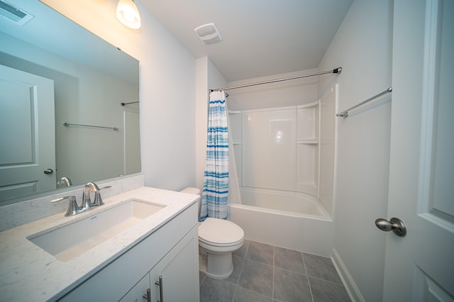 full bathroom with tile patterned flooring, vanity, toilet, and shower / bathtub combination with curtain