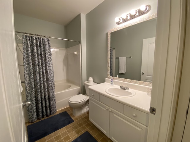 full bathroom with tile patterned flooring, vanity, shower / tub combo, and toilet