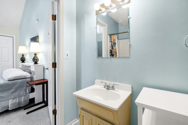 bathroom featuring vanity and curtained shower