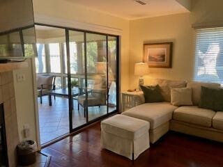 living room with dark wood-type flooring