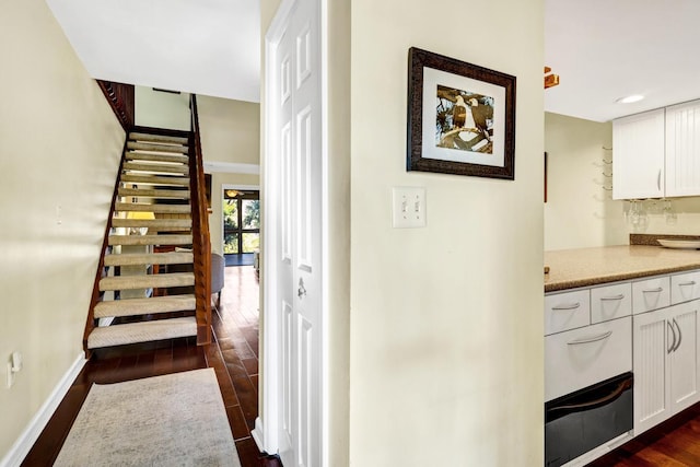 staircase with hardwood / wood-style flooring