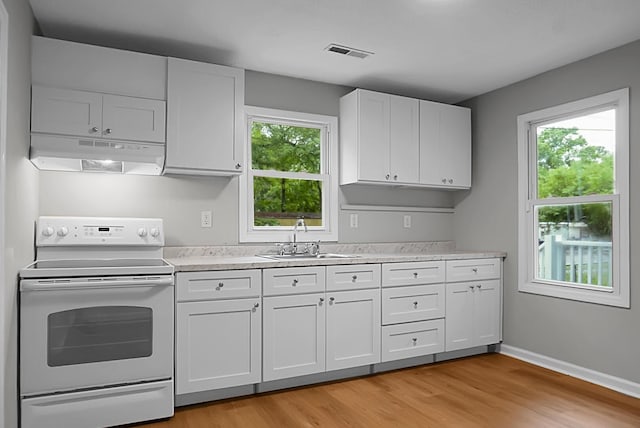 5056 Piedmont Ave, North Charleston, SC 29406 - kitchen featuring white electric range oven, under cabinet range hood, a sink, and light countertops