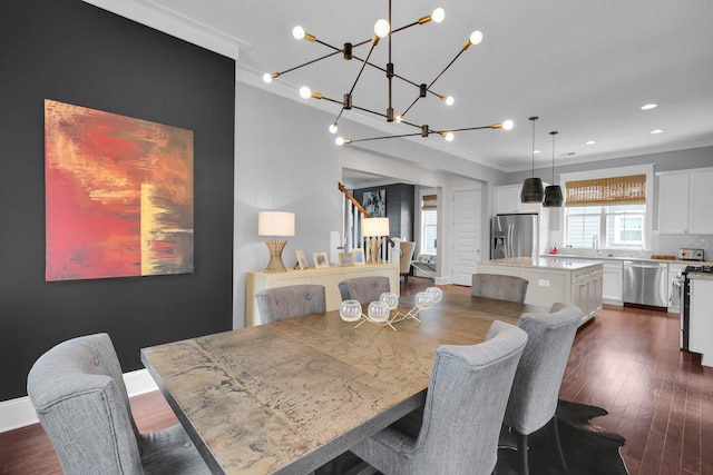 dining space with baseboards, crown molding, stairway, and dark wood-type flooring