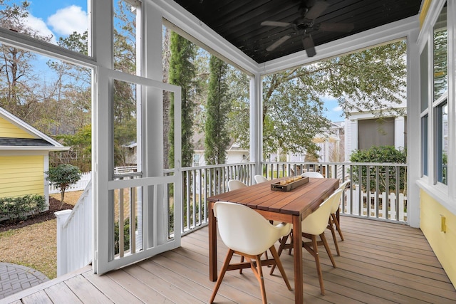 sunroom / solarium featuring a healthy amount of sunlight and a ceiling fan