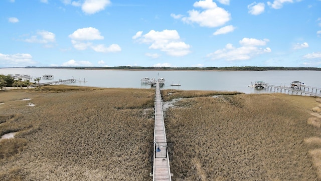 property view of water with a dock