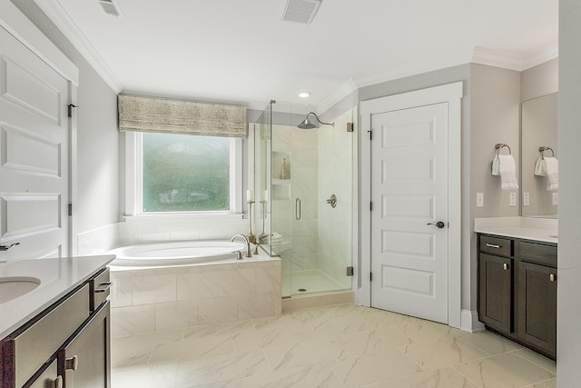 bathroom featuring tile flooring, shower with separate bathtub, crown molding, and vanity