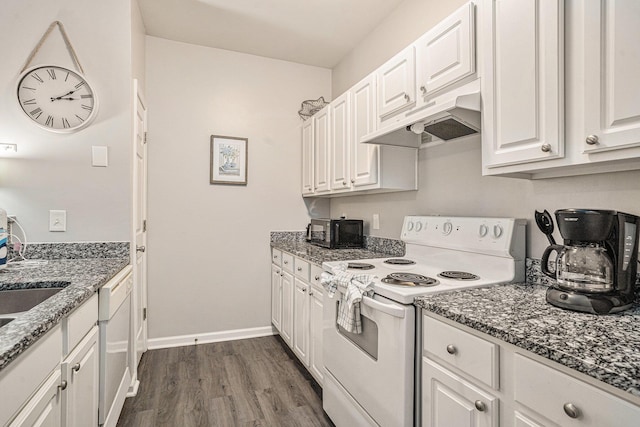 kitchen with white cabinetry, white appliances, dark hardwood / wood-style floors, and stone counters