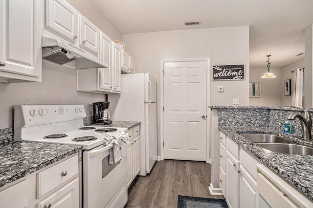 kitchen with white cabinetry, sink, white appliances, and pendant lighting