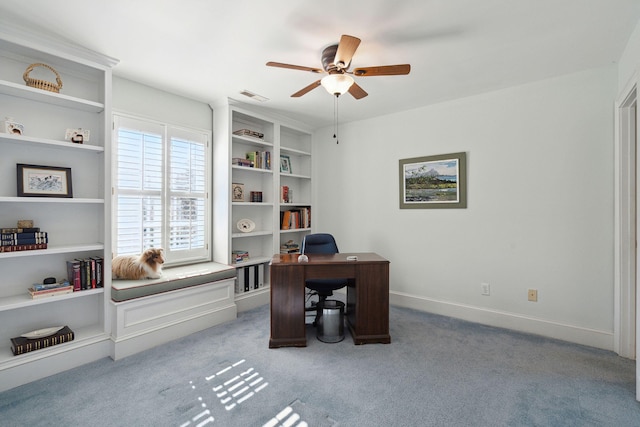 office featuring ceiling fan and carpet flooring