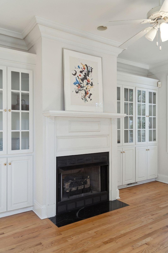 room details with crown molding, ceiling fan, and wood-type flooring