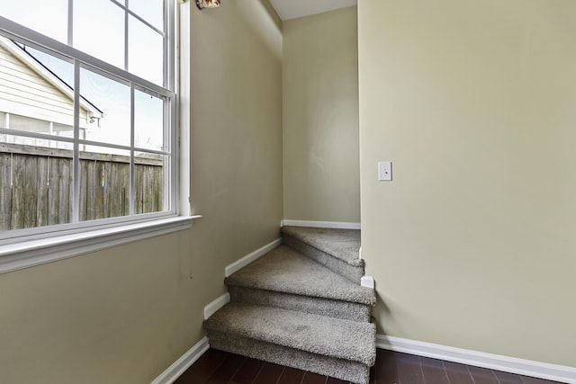 stairway with hardwood / wood-style flooring