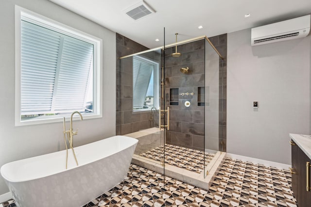 bathroom with an AC wall unit and independent shower and bath