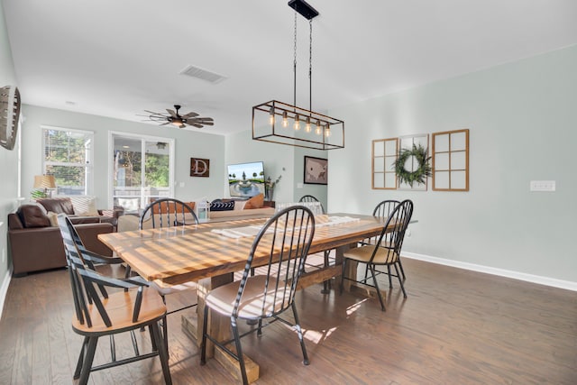 dining room with ceiling fan and dark hardwood / wood-style flooring