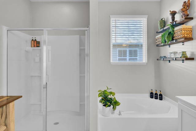 bathroom with vanity and separate shower and tub