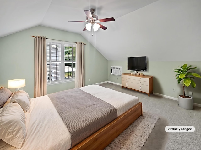 932 Portabella Ln, Charleston, SC 29412 - carpeted bedroom with lofted ceiling, baseboards, a ceiling fan, and a wall mounted air conditioner