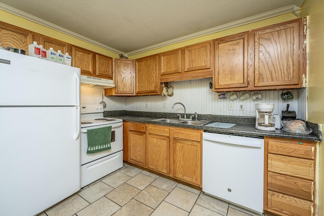 kitchen featuring sink, crown molding, a textured ceiling, white appliances, and light tile patterned floors