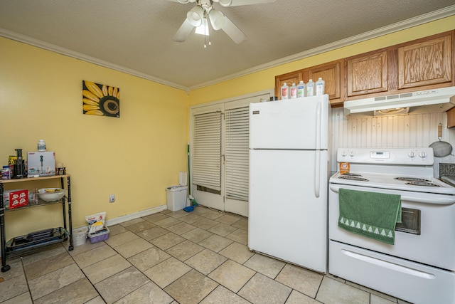 kitchen featuring a textured ceiling, ceiling fan, white appliances, and ornamental molding