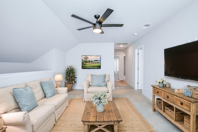 living room featuring ceiling fan and lofted ceiling