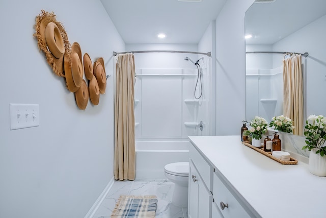 full bathroom with vanity, shower / bath combination with curtain, and toilet