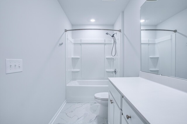 full bathroom featuring vanity, toilet, and shower / washtub combination