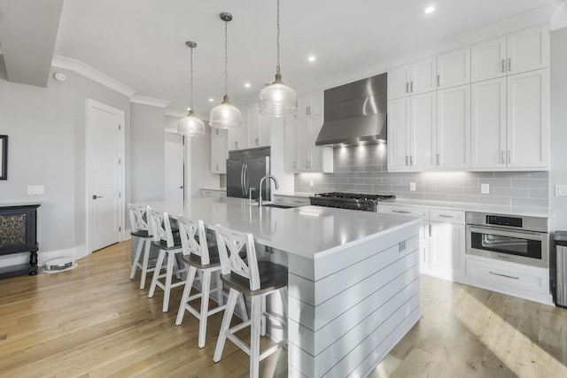 kitchen featuring wall chimney exhaust hood, appliances with stainless steel finishes, light wood-style flooring, and a sink