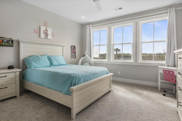 bedroom with ceiling fan, recessed lighting, visible vents, baseboards, and carpet