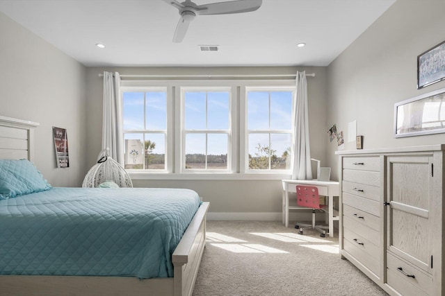 bedroom featuring light carpet, baseboards, visible vents, ceiling fan, and recessed lighting